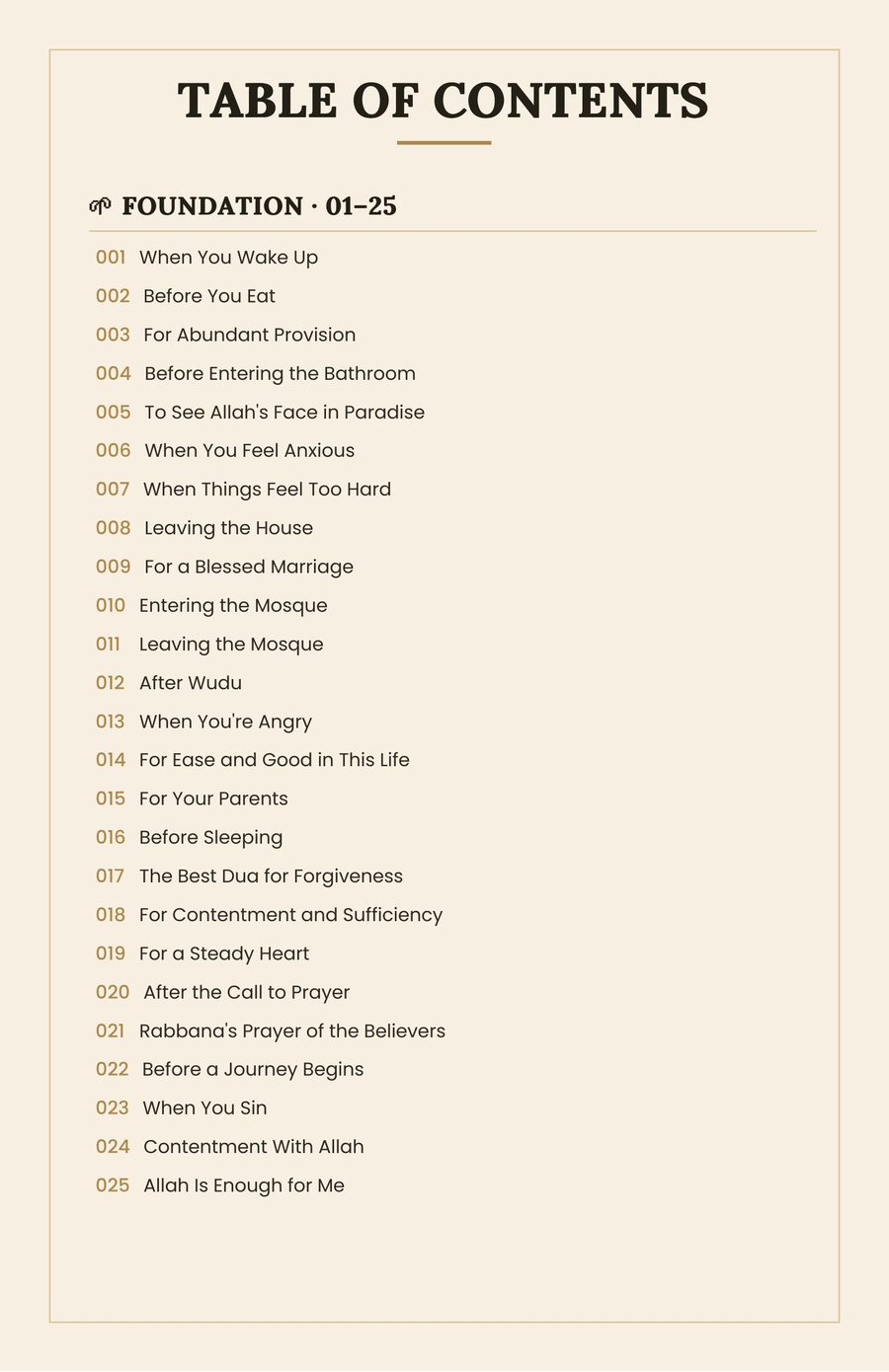 Table of contents listing duas 001 to 025 under the Foundation stage.